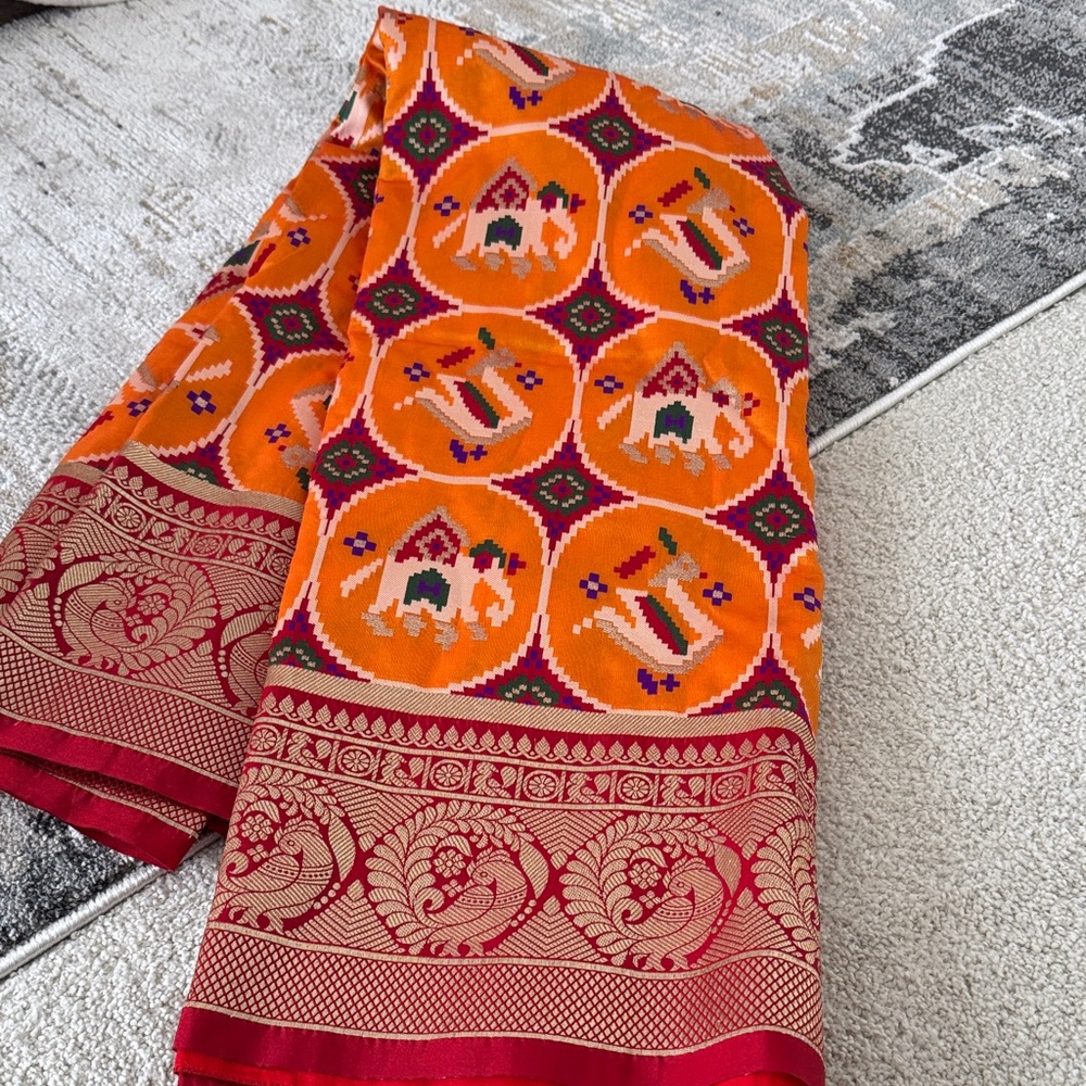 NWOT Vibrant Orange and Red Patterned saree